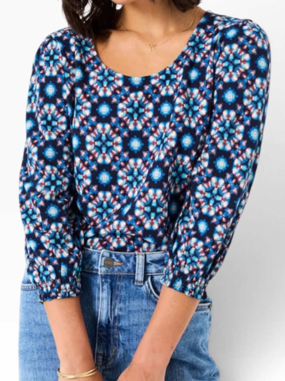 Fat Face "Polly" Indigo Blue Batik Geometric Scoop Neck Top 8